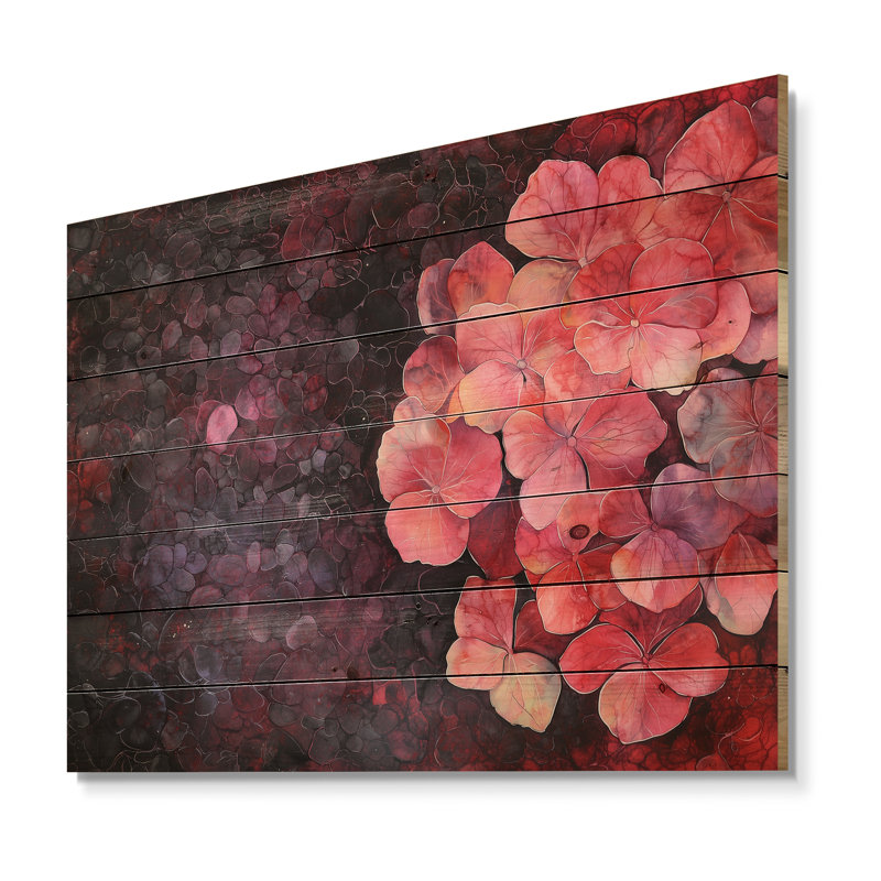 Aura fleurie d'hortensia I - Art mural traditionnel en bois sur bois de pin naturel, H 34 po x l 44 po x P 0,78 po