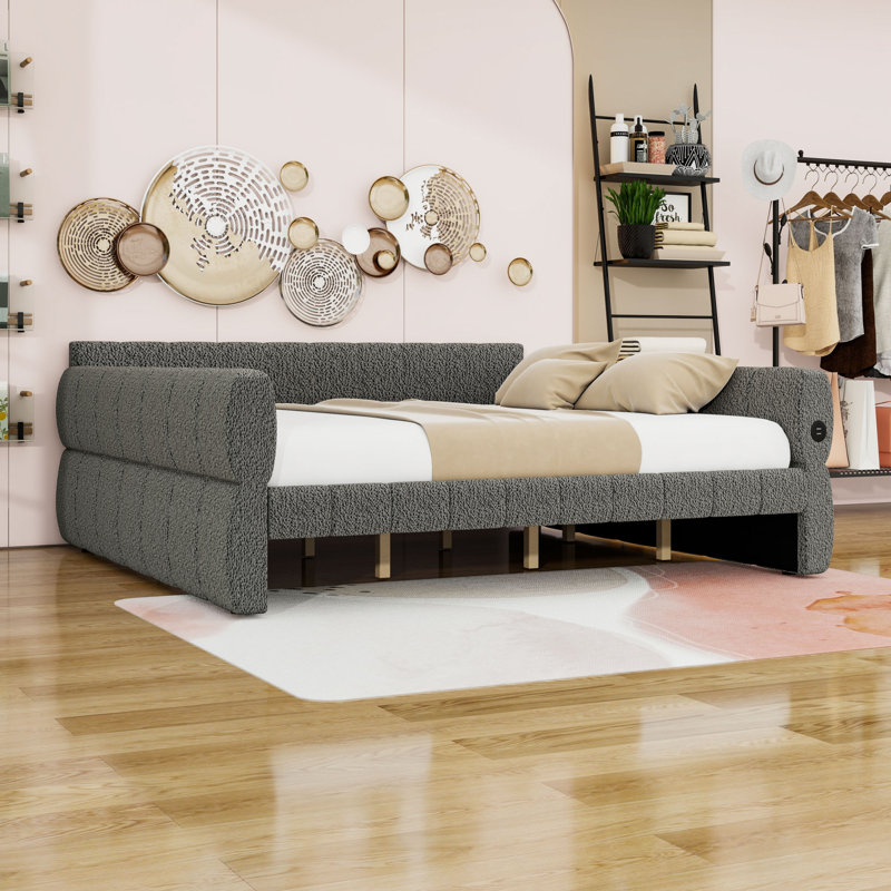 King Size Upholstered Daybed with USB Charging Armrests, Gray