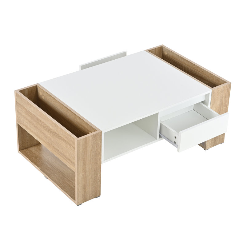 High Glossy Coffee Table with 2 Drawers, Practical Two Tone Center Table with Hidden Compartments, Rectangle Cocktail Table with Open Storage Shelf for Living Room, Bedroom, 41.3*23.6"