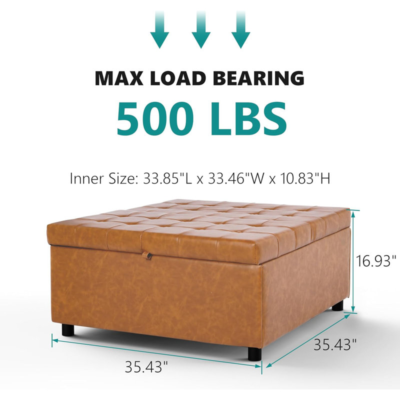 35.5 Inch Large Square Storage Ottoman, Brown