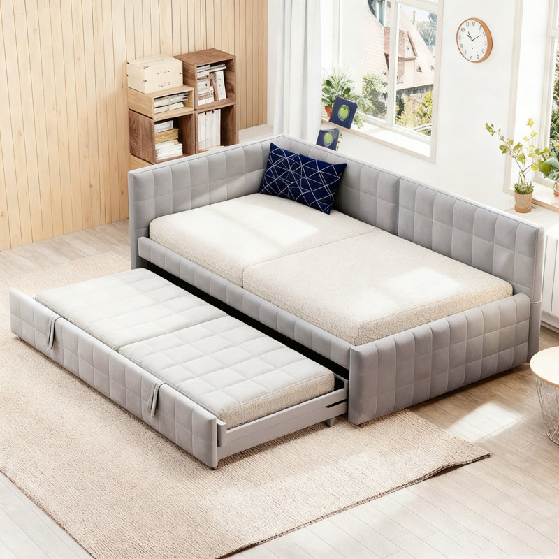 Upholstered L-Shaped Upholstered Daybed with Twin Size Pop Up Trundle and USB ports