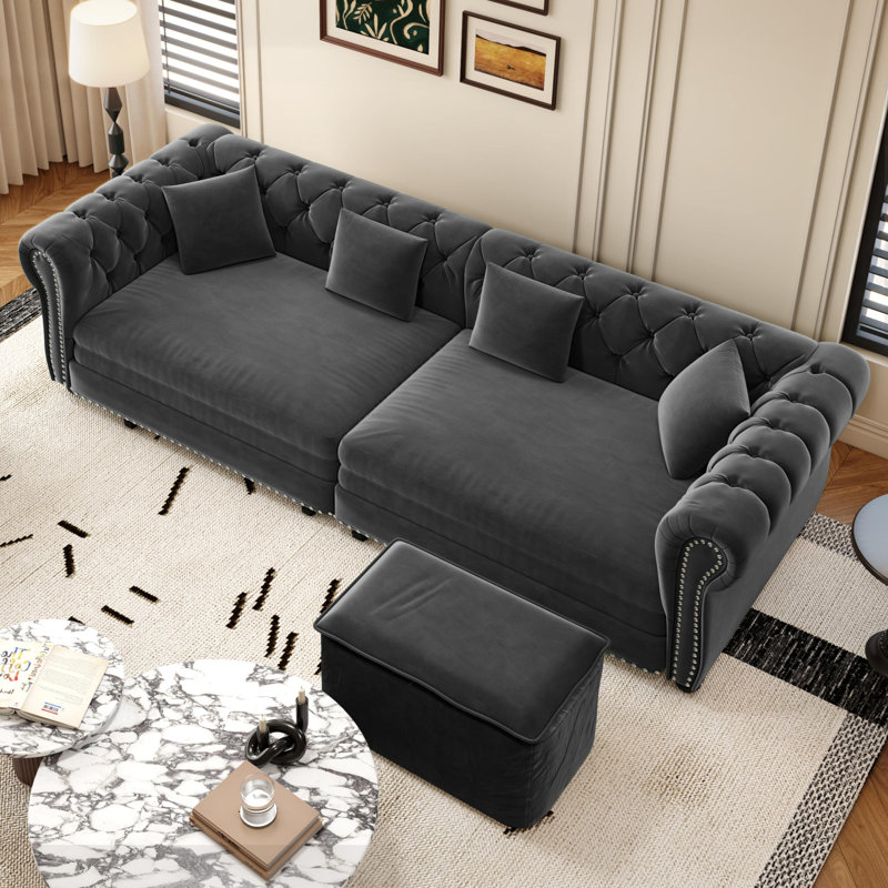 89" King Size Pull Out Sofa Bed 3-in-1 Convertible Velvet Chesterfield Sleeper Couch, Gray