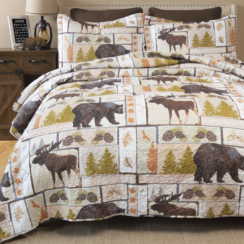 Rustic Brown Microfiber Twin Quilt Set with Wildlife Design