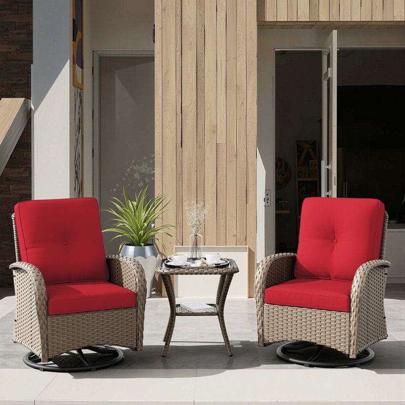 Maximos 3-Piece Outdoor Swivel Chairs with Cushions, Red, Natural
