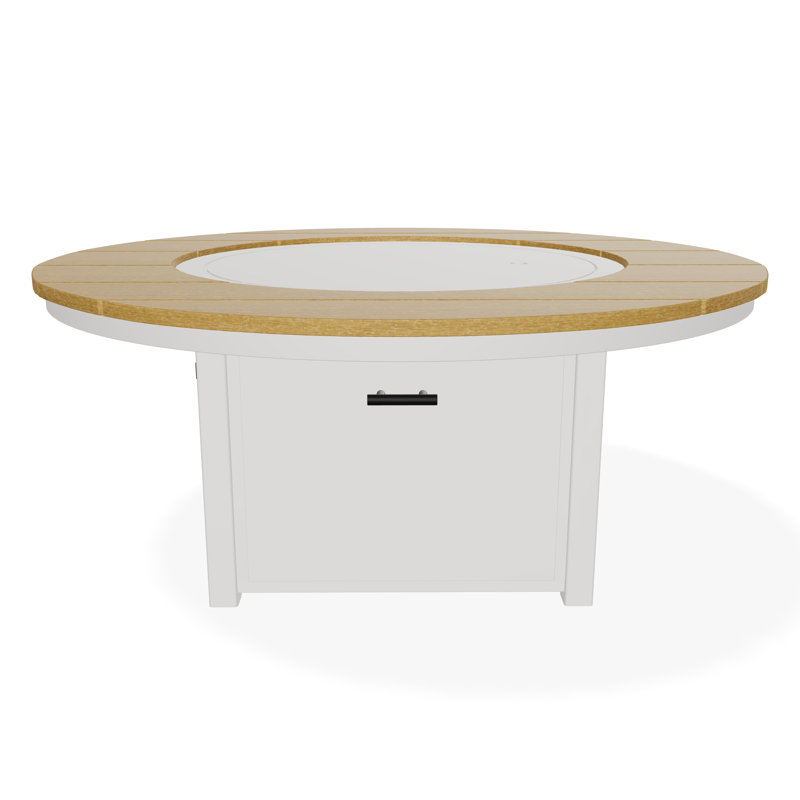 54" Round Rustic Polymer Fire Table with Propane Shelf, Snow/Teak