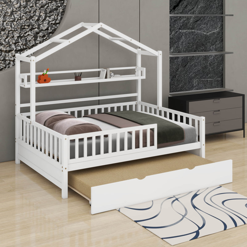 House Bed With Trundle And Storage Shelf, Wood Bed Frame With Roof And Safety Guardrail, Full