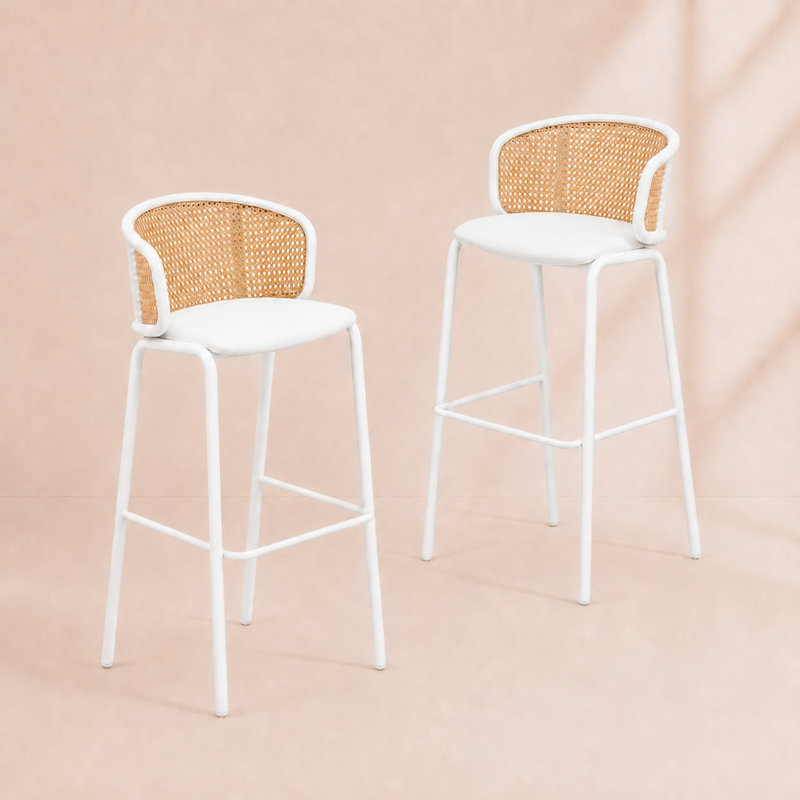 Tabouret de bar moderne de style Mid-Century Daishun, tabouret de bar à hauteur de comptoir en osier avec accoudoirs, fauteuil d'îlot de cuisine rembourré en tissu, mobilier de salle à manger à structure en acier robuste