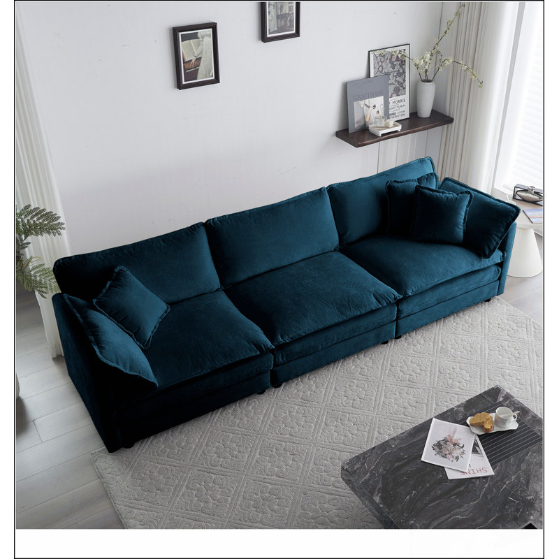 Canapé 3 places avec 2 accoudoirs et 3 coussins décoratifs, canapé pour le salon Chenille, Bleu