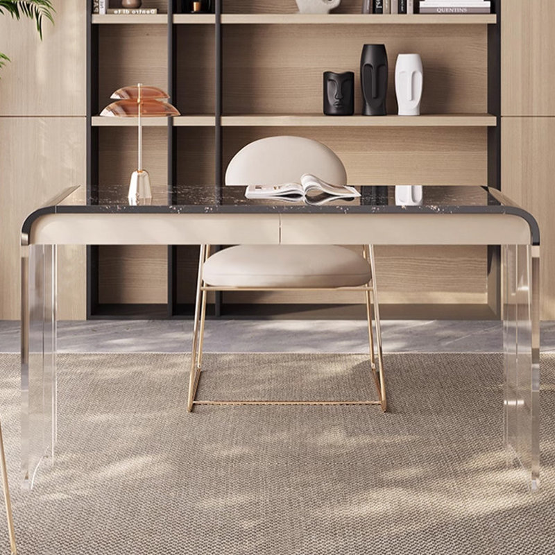 Bureau Platinum Diamond Natural Stone avec pieds en acrylique et placage de cuir, H 29,53 po x l 47,24 po x P 19,69 po