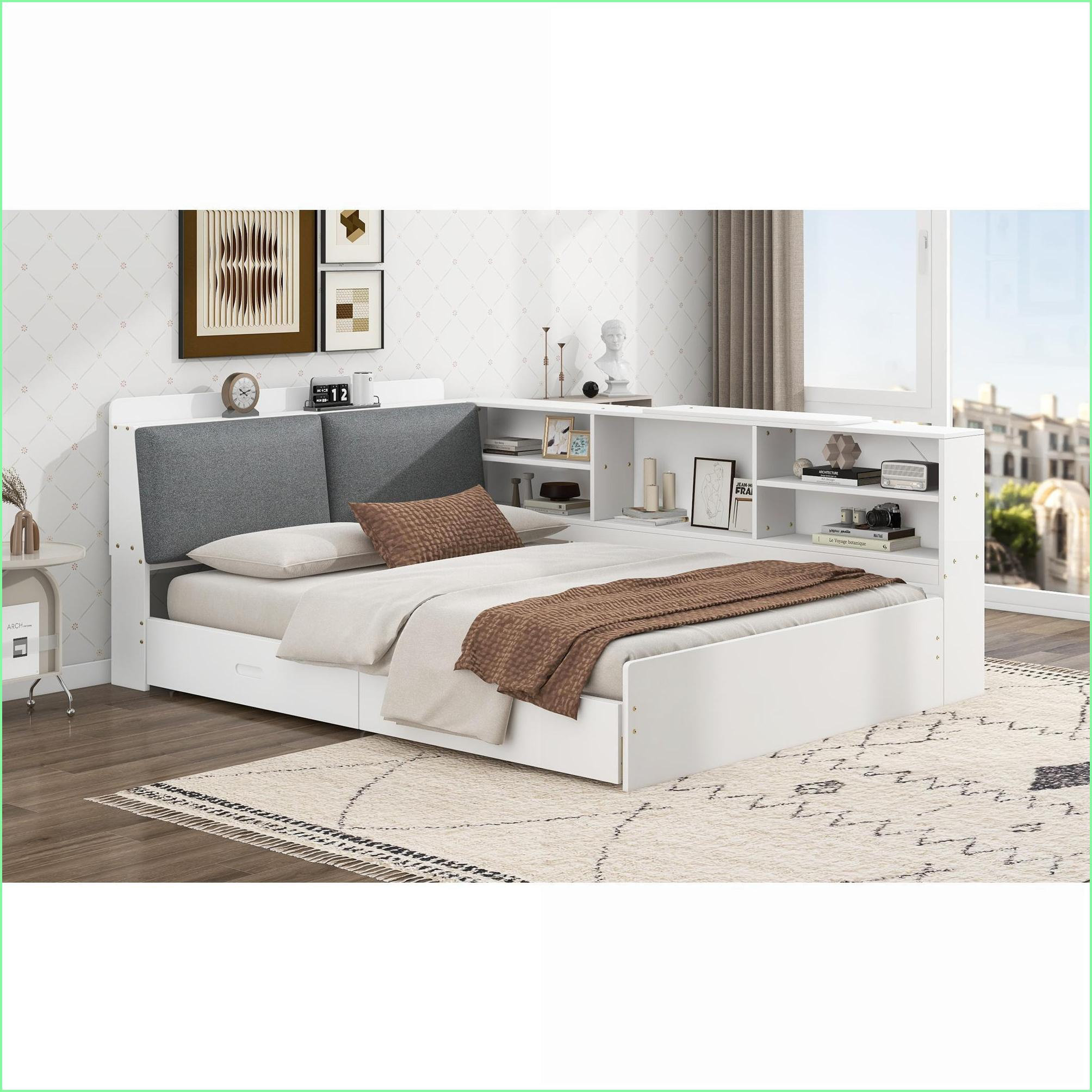 Latitude Run® Full Size Pine Wood Platform Bed with Storage Headboard ...