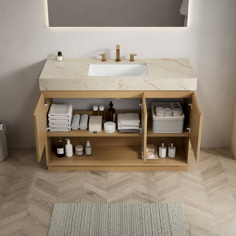 Meuble-lavabo simple sur pied de 122 cm avec comptoir en pierre frittée de Carrare et lavabo encastré en céramique, 48"