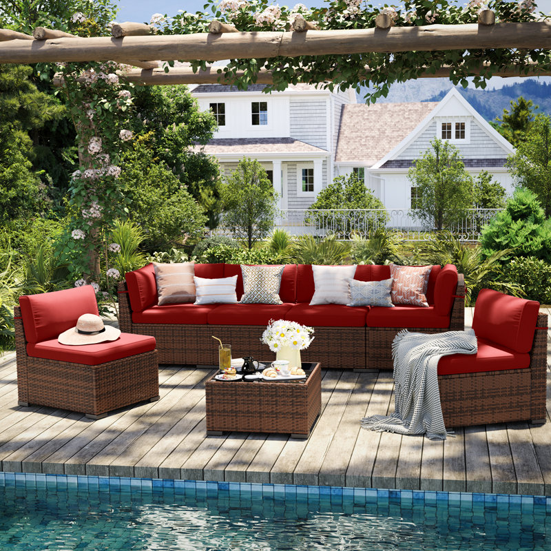 Ensemble de conversation modulaire en rotin pour 6 personnes avec coussins, Non, Rouge