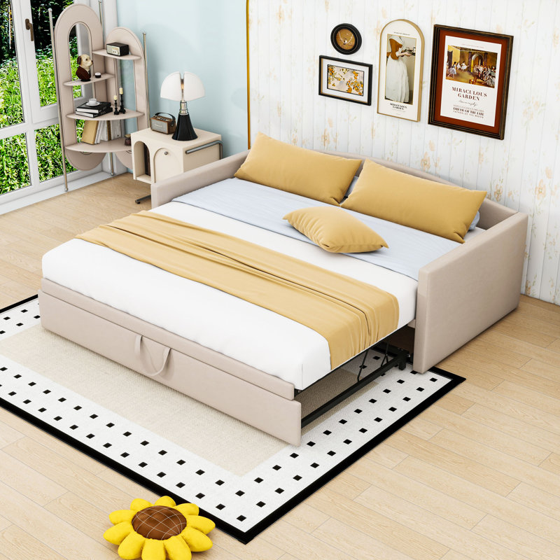 Twin Velvet Upholstered Daybed with Pop-Up Trundle, Beige