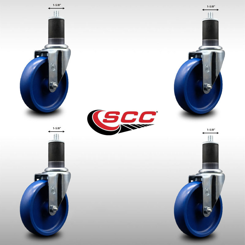 5 Inch SS Solid Poly Wheel Swivel 1-5/8 Inch Expanding Stem Caster Set SCC