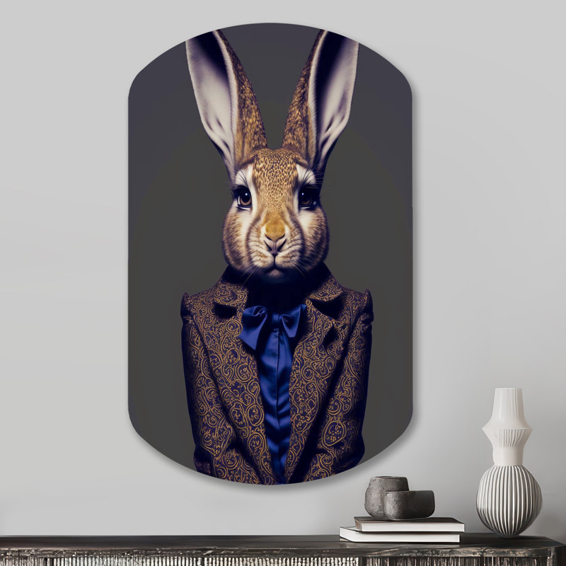 Fancy Rabbit In a Grey and Blue suit - Art mural en forme de cylindre animaux en forme de cylindre, H 31 po x l 19 po