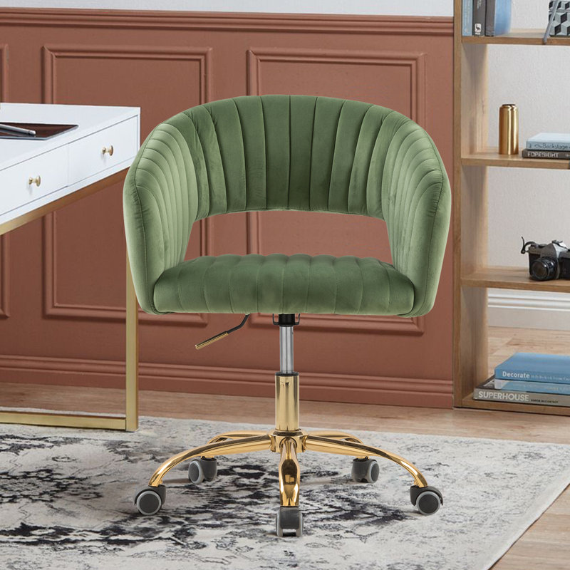 Velvet Task Chair with Wheels, Home Office Swivel Armchair with Gold Base, Olive
