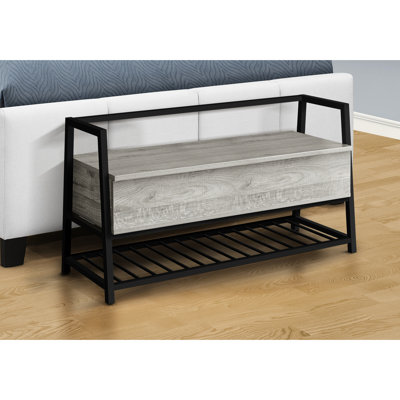42" Rectangular Grey Laminate Hallway Bench With Black Metal Clasps For Storage Modern And Slots Entryway