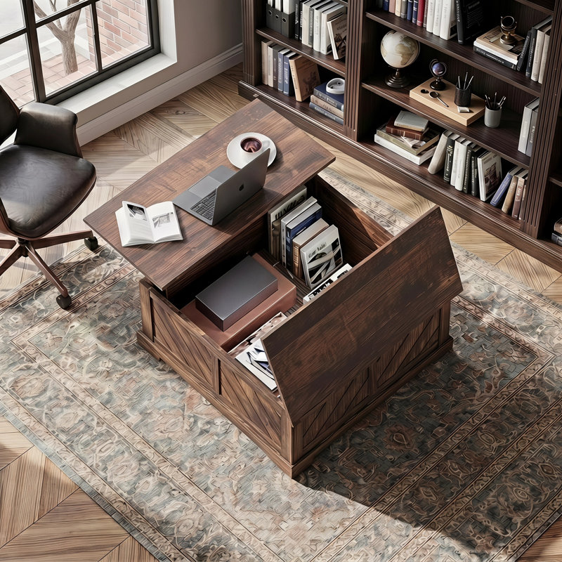 Table basse Nilla 35,5" style ferme avec plateau relevable et rangement intégré, table basse carrée convertible, table centrale, table basse de rangement pour salon, salle à manger et bureau, table centrale moderne en bois avec compartiment de rangement dissimulé pour petits espaces, appartement et bureau à domicile, table basse avec plateau relevable, table basse de style ferme