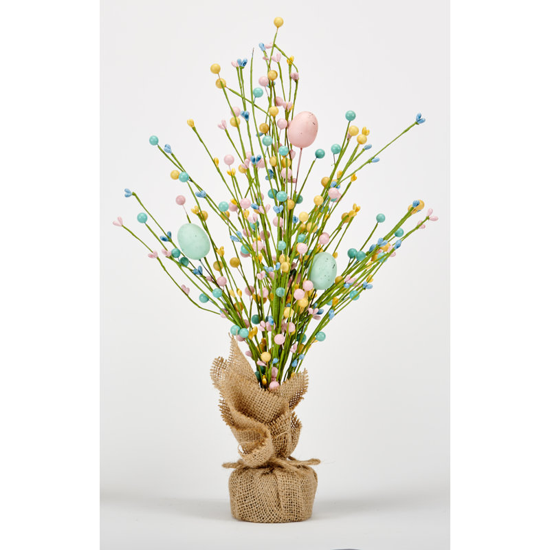 18" Easter Eggs And Berries Tabletop Tree In Burlap Sack Base
