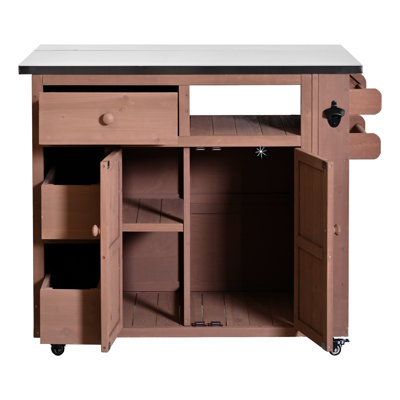 Chariot d'îlot de cuisine extensible avec cadre en bois de sapin massif et plateau en acier inoxydable TopMAX, brun