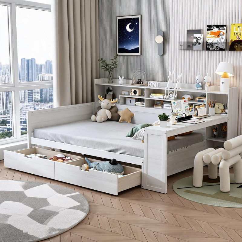 Lit de jour simple en bois multifonctionnel avec tiroirs de rangement intégrés, tablettes latérales et bureau d'étude, ton naturel