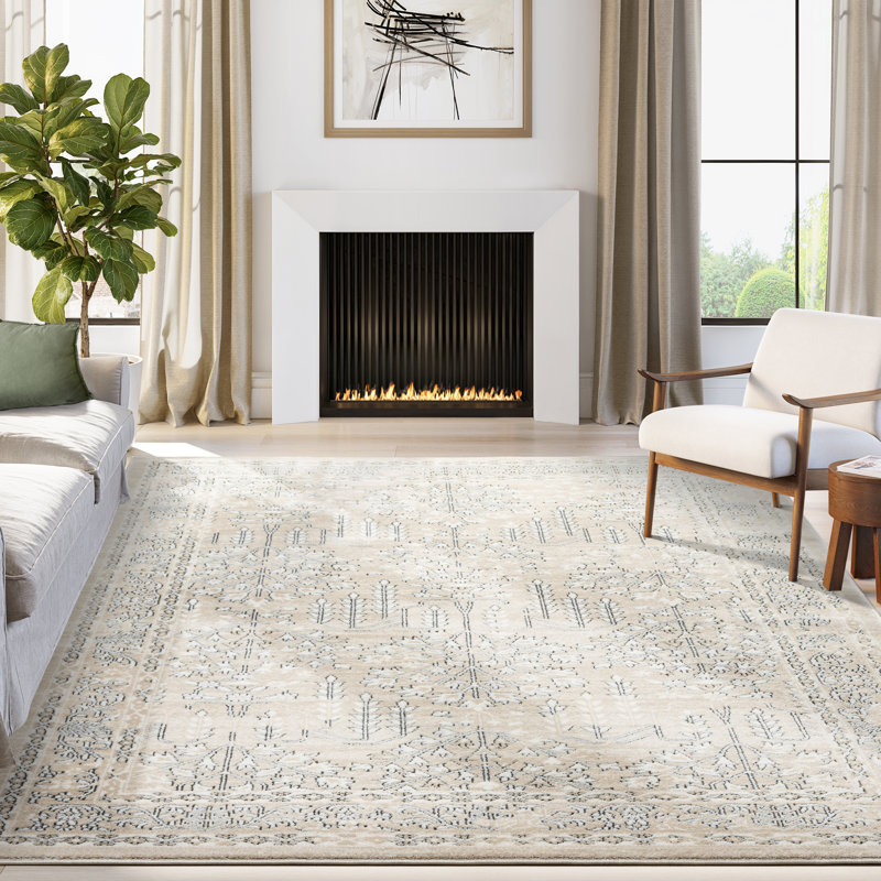 Tapis traditionnel beige et gris à motif floral Abani Kruse SAV200A, Rectangle 4pi x 6 pi
