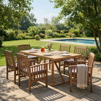 Ensemble de salle à manger d'extérieur en bois d'acacia 7 pièces 7 pièces, 1 grande table moderne, 1 ensemble de mobilier de salle à manger pour pelouse, cour, terrasse de jardin, bord de piscine, gris foncé