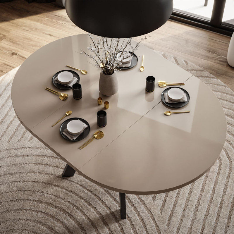 Extendable Round Metal Base Dining Table, Black, Cashmere Gloss