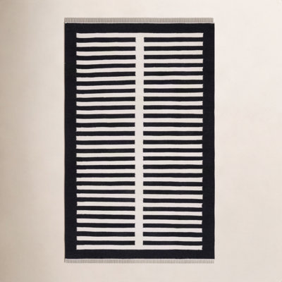 Delia Ivory Black Flatweave Striped Rug