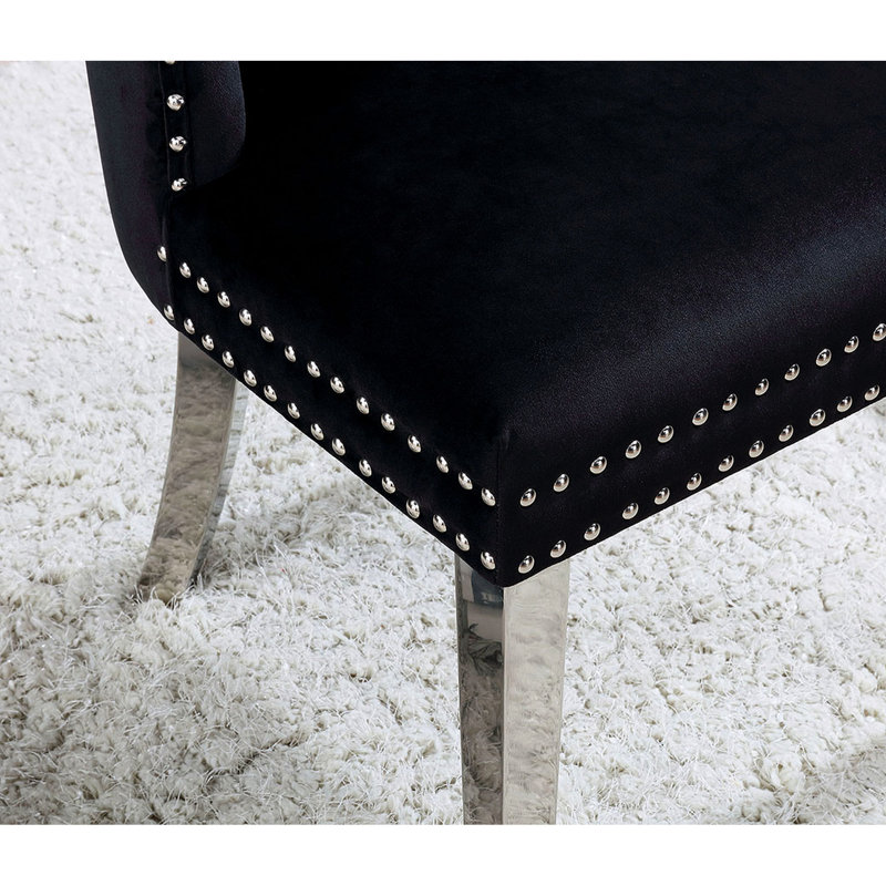 Of 2 Wingback Black Flannelette Chairs For Dining, Button- Upholstery, Legs 2Pcs Dining In Flannelette, Metal Ring Handle,