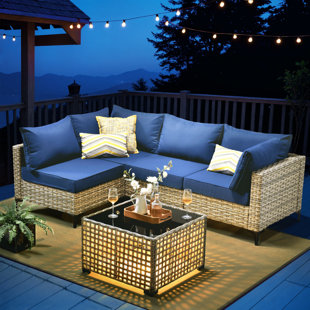 Emroy 4 - Person Outdoor Wicker Sectional Seating Group with Lighted Coffee Table, Modern Modular Rattan Conversation Set with Cushions