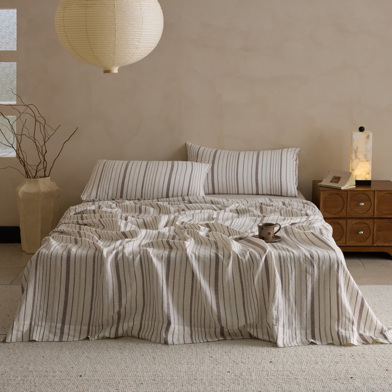 100% Linen Striped Duvet Cover, King, brown