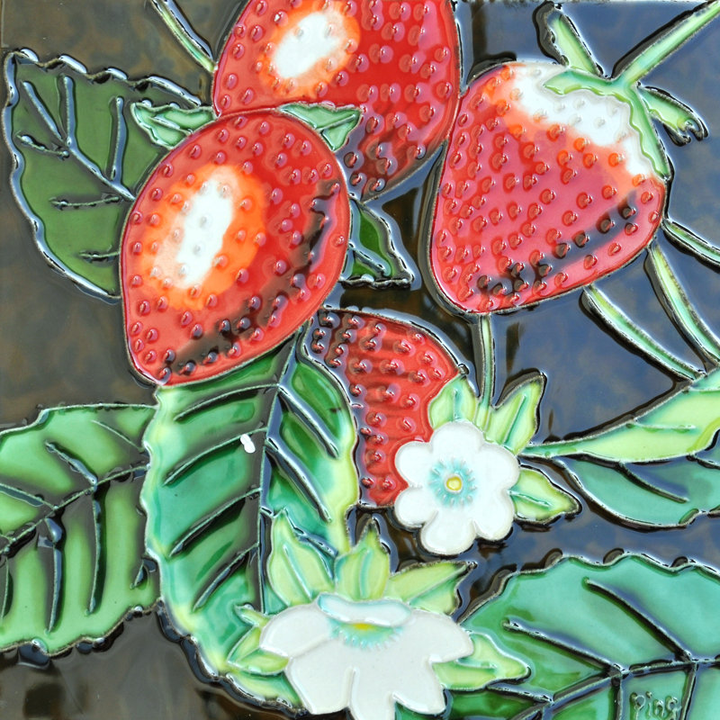 8" Square Green and Red Ceramic Art Tile Wall Décor