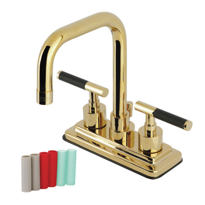 Kingston Brass Kaiser Two-Handle 3-Hole Deck Mount 4" Centerset Bathroom Faucet with Brass Pop-Up