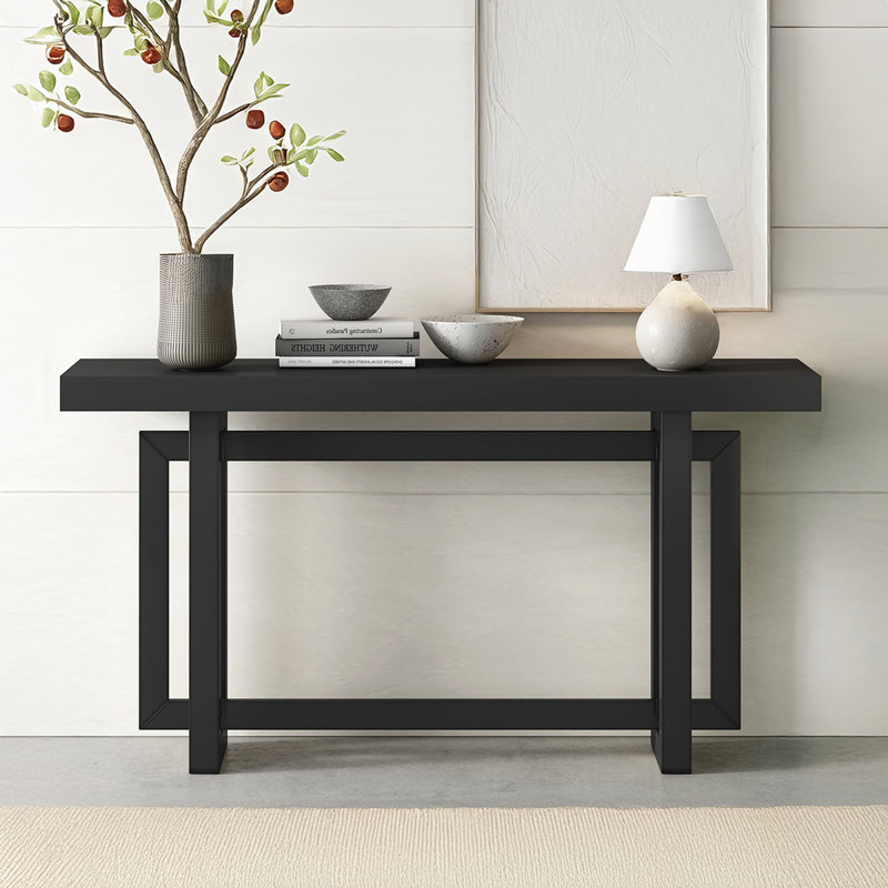 Extra Long Console Table with Wood Top, Black, Black