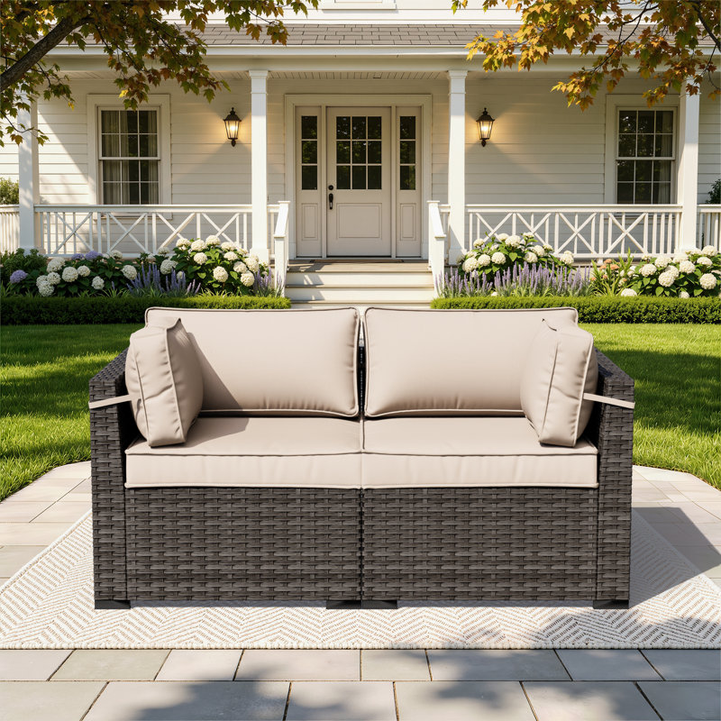 Riven 2-Person Modular Outdoor PE Wicker Loveseat Set of 2, All Weather Patio Armchairs with Washable Thick Cushions, Beige