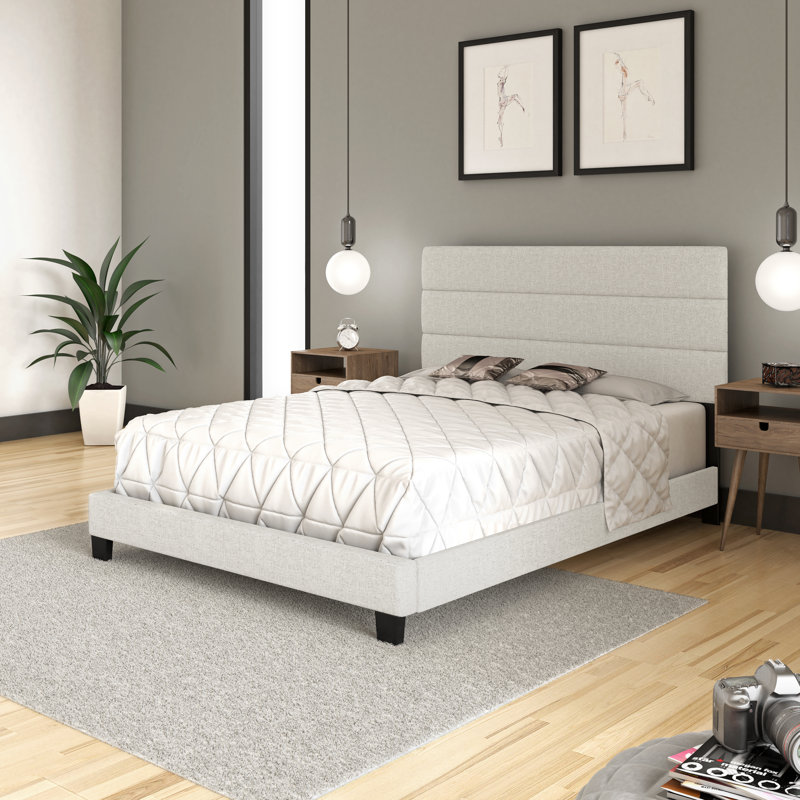 Boyd Sleep Ravenna Linen Platform Bed | Adjustable Headboard | Low-Profile Foundation Compatible | Modern Channel Design | 700 lb Capacity
