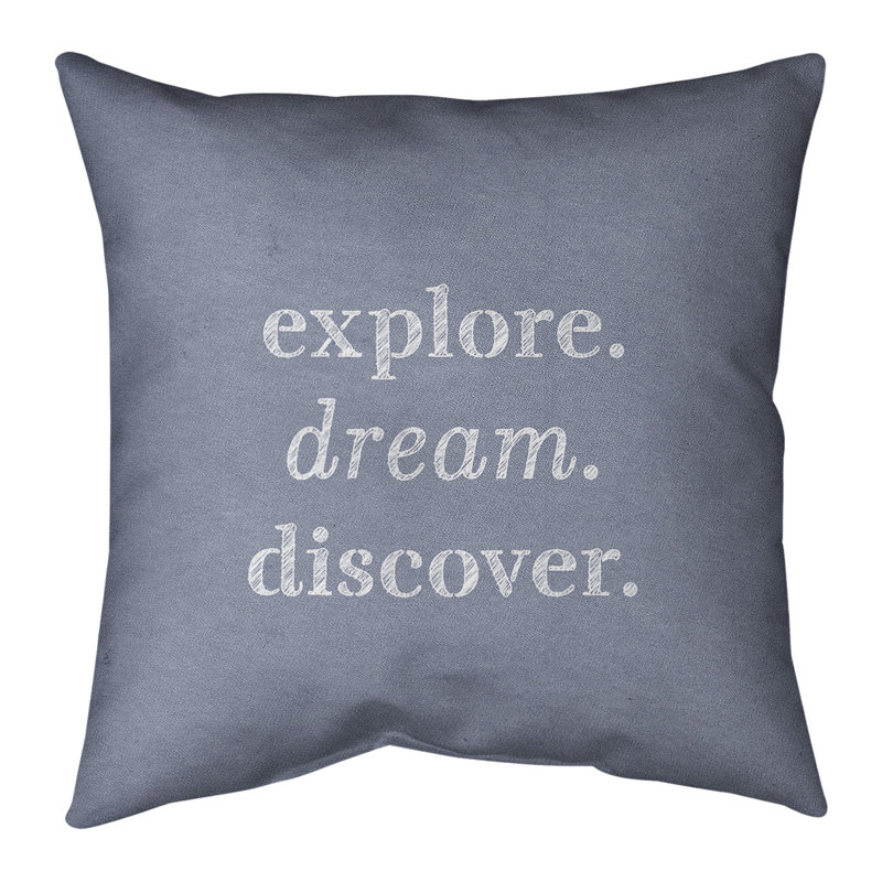 Housse de coussin en lin Handwritten Explore Dream, 26 po x 26 po, Bleu / Blanc