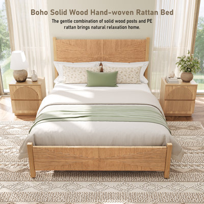 Boho Solid Wood Hand-woven PE Rattan Bed