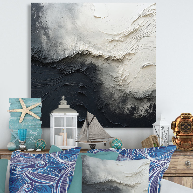 Minimalisme, peinture noire et blanche, vague I - art mural encadré bord de mer, Toile tendue, H 24 po x l 24 po x P 1 po