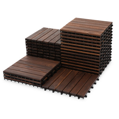 Round Joint Acacia Wood Deck Tiles, 6-Slat Interlocking Design for Indoor & Outdoor (Set of 27)