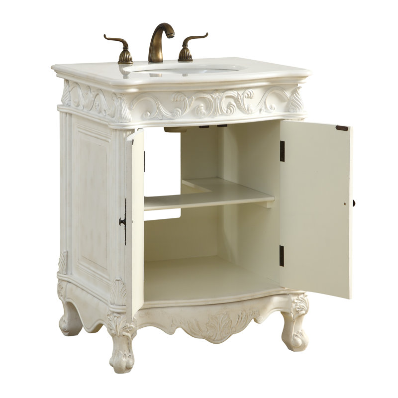 Aurillac 27'' Single Bathroom Vanity with Marble Top, Guangxi White, Antique White