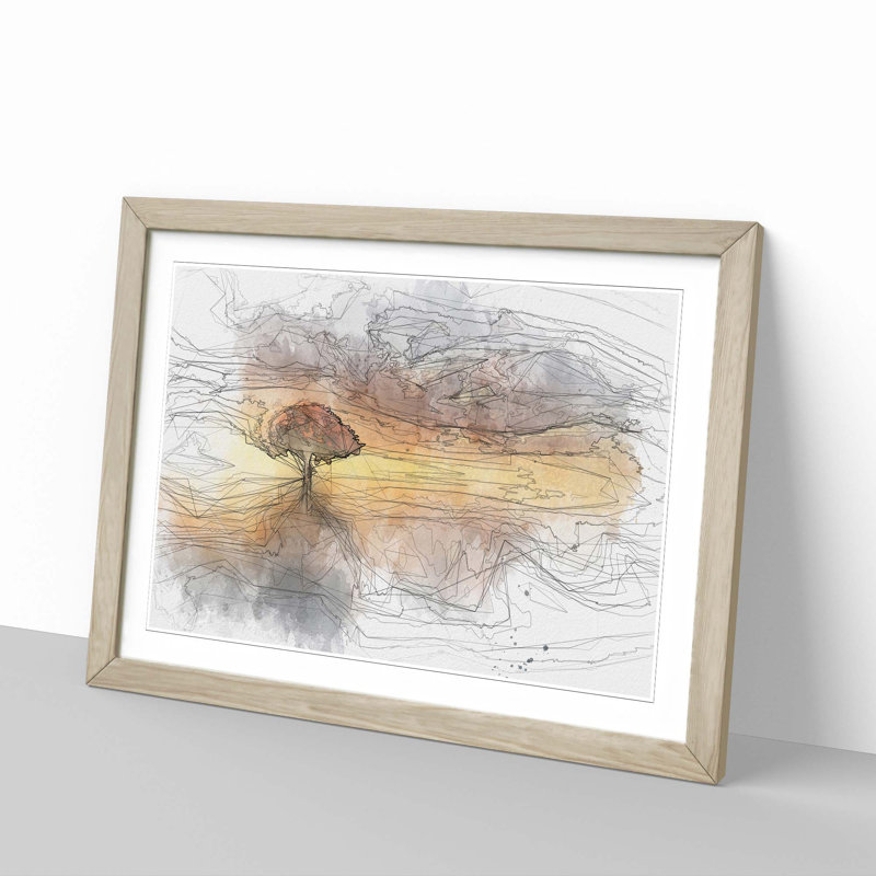 Flying Birds over a Lone Tree in Abstract - Picture Frame Graphic Art Print, 35cm H x 50cm W x 2cm D, Oak