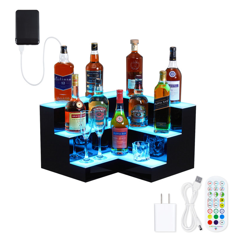 Tablette de présentation de bouteilles de boissons alcoolisées à DEL, support de bar mural à 2/3/4 niveaux, rétroéclairage RVB 16 couleurs, télécommande et contrôle d'application pour bar, restaurant et boîte de nuit