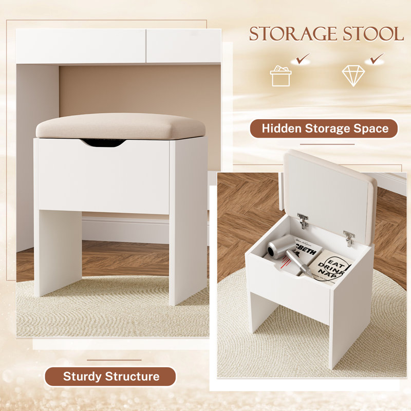 Vanity Desk with Mirror and LED Lights, Makeup Vanity Table with 3 Lighting Color, Adjustable Brightness, Vanity Table with 2 Drawers, Side Storage, for Bedroom