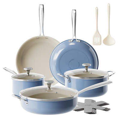Ceramic Nonstick Cookware Set,14pcs Pots and Pans Set Non Stick,Induction Cookware with Stainless Steel Handle,Non Toxic Kitchen Cooking Set,Dishwasher & Oven Safe,PFAS PFOA & PTFE Free（Blue）