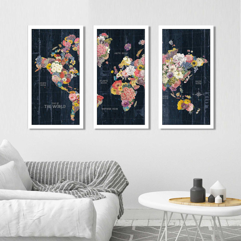 " Botanical Floral Map Words " 3 - Pieces, 40.5" H x 25.5" W x 1" D