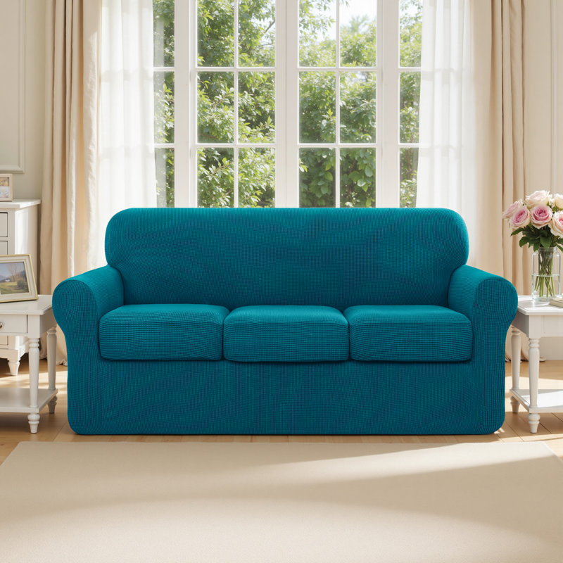 Housse de canapé en jacquard extensible 4 pièces, housse pour canapé pour 3 coussins, protecteur de meubles lavable à la machine (canapé, turquoise)