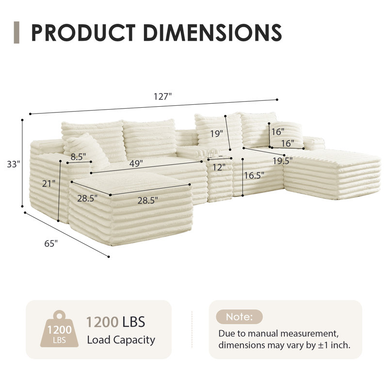 Canapé modulaire 5 pièces Cloud avec console, rangement, USB, 2 repose-pieds et porte-gobelet, Beige