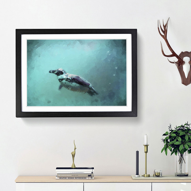 Solo Swimming Penguin in Abstract - Picture Frame Painting Print, 36cm H x 48cm W x 2cm D, Black Framed